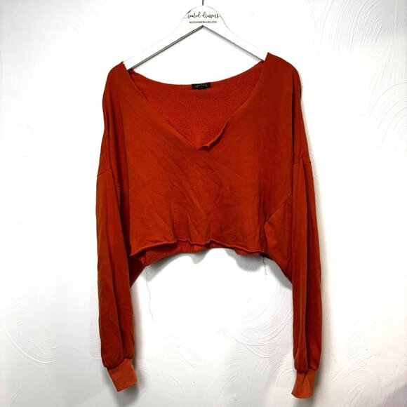 Orange Cropped Sweatshirt Pullover V Neck Raw Hem Long Sleeve Wild Fable Womens - Picture 1 of 5
